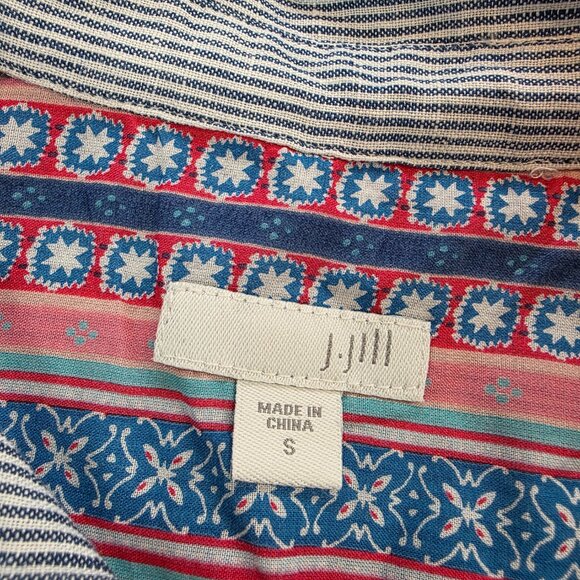 J. Jill Linen Cotton Mixed Media Pearlescent Button Front Bohemian Floral Blouse - Picture 6 of 10